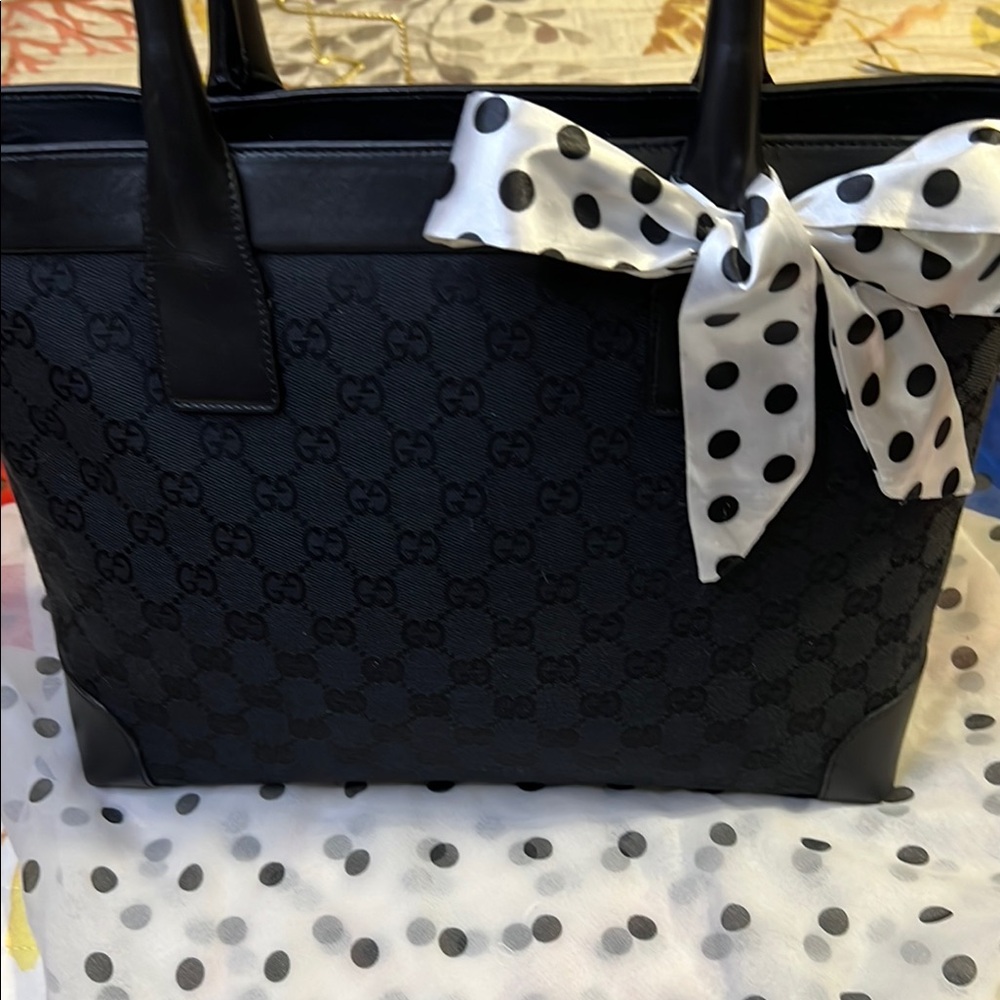 Gucci Black Tote Bag with Polka Dot Scarf